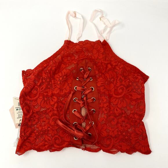 NEW Free People HAH Blood Orange Lace Top 2 Bottom Lace-up 4 Way Sultry Cami S - Picture 5 of 7